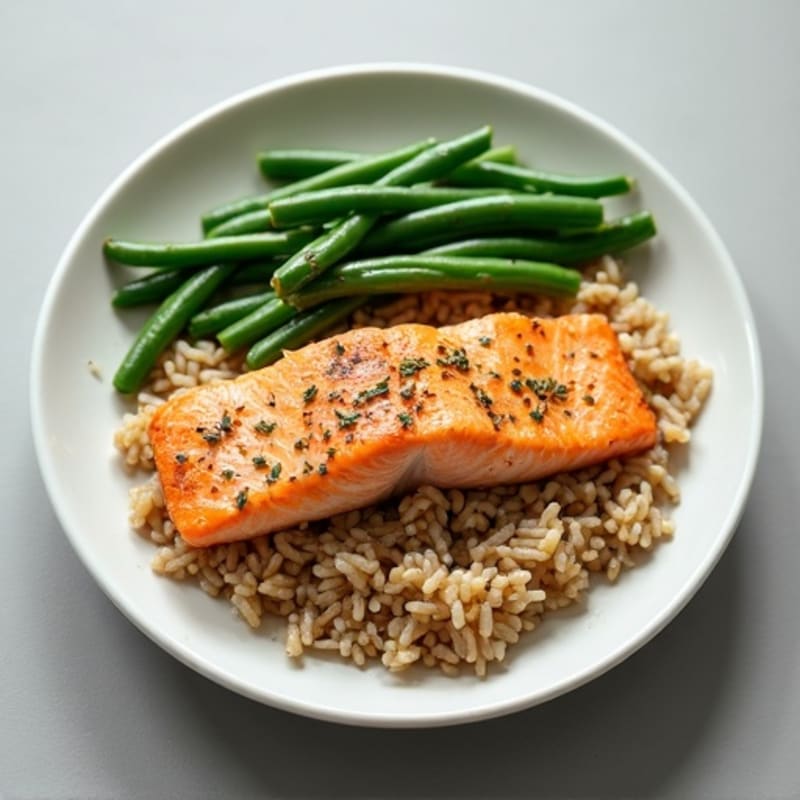 Baked Salmon with Garlic Green Beans and Brown Rice