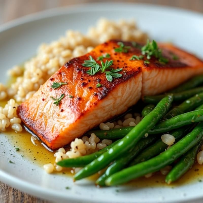 Seared Salmon Filet with Garlic Green Beans and Brown Rice
