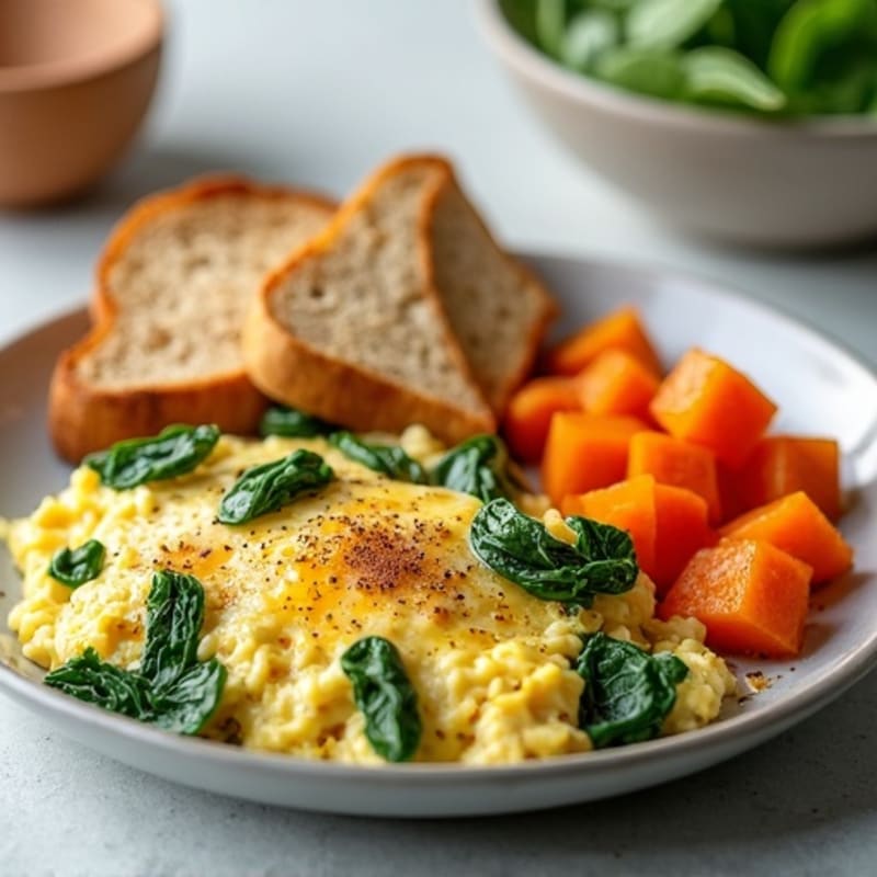 Egg White and Turkey Spinach Scramble with Roasted Sweet Potato