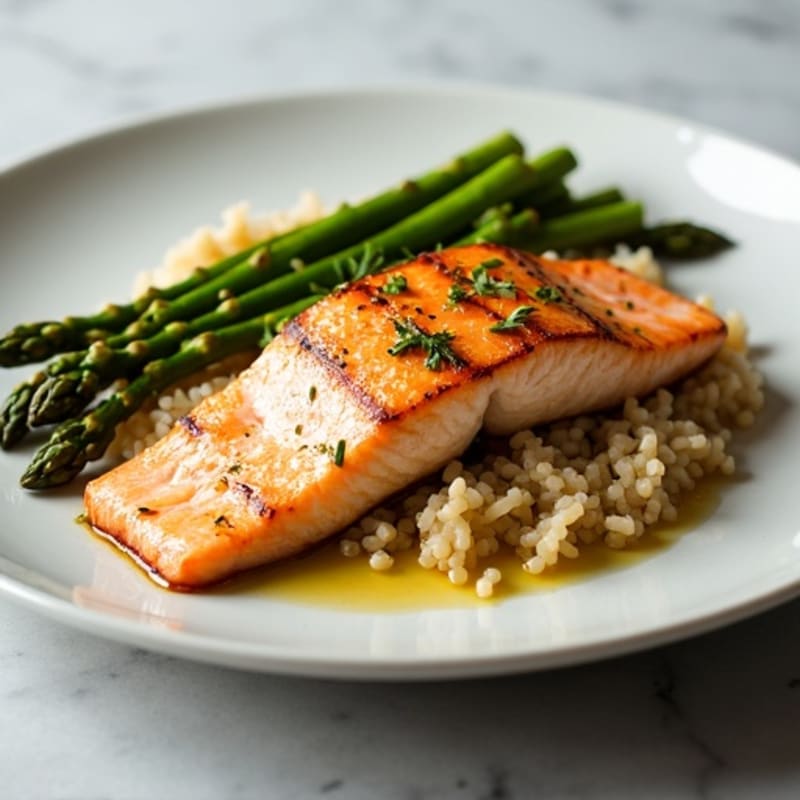 Seared Salmon Fillet with Steamed Asparagus and Brown Rice