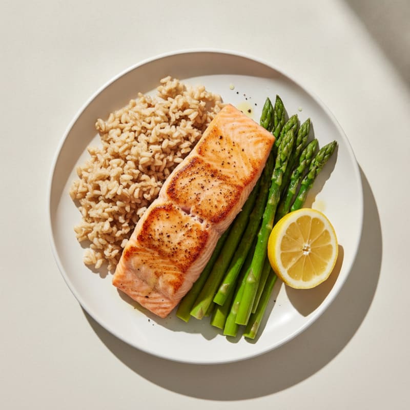 Seared Salmon with Steamed Asparagus and Brown Rice