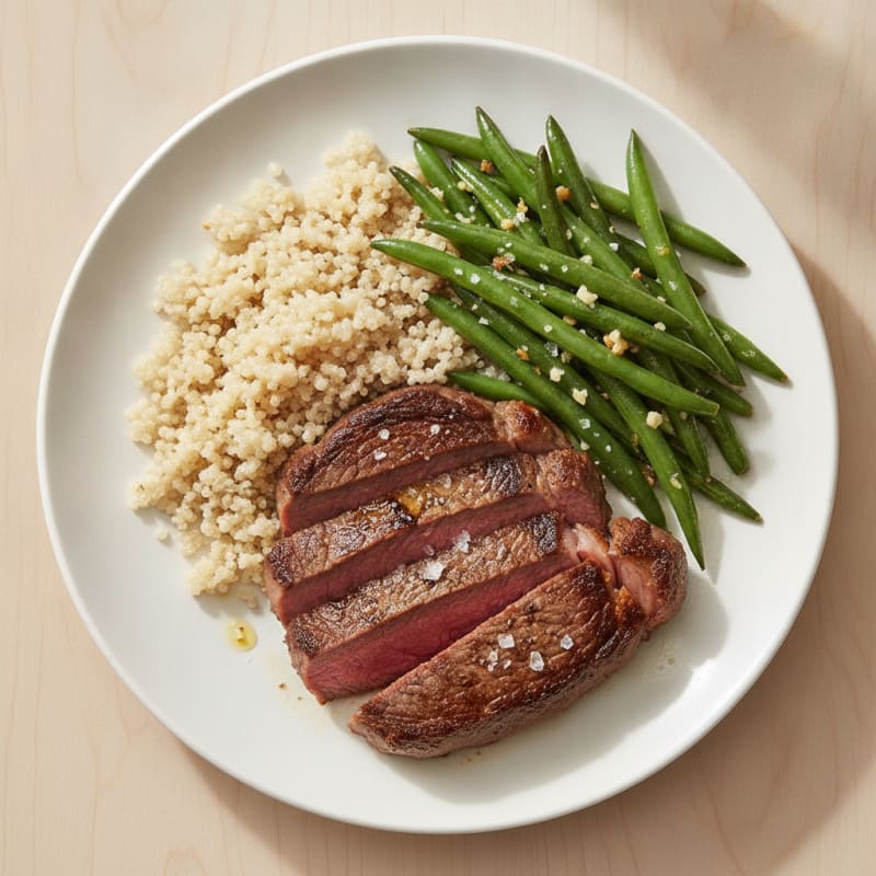 Seared Lean Beef Steak with Garlic Green Beans and Quinoa