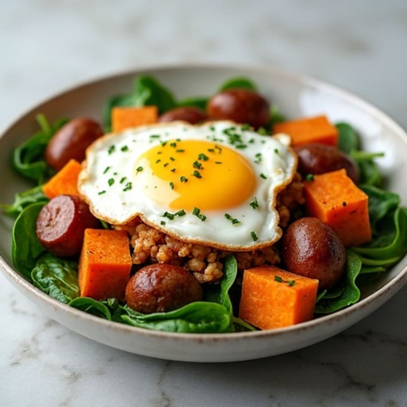Crispy Sweet Potato and Turkey Sausage Hash with Eggs and Sautéed Greens