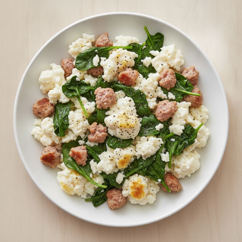 Egg White Scramble with Turkey Sausage and Sautéed Spinach