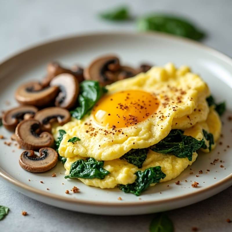 Creamy Scrambled Eggs with Sautéed Spinach and Mushrooms