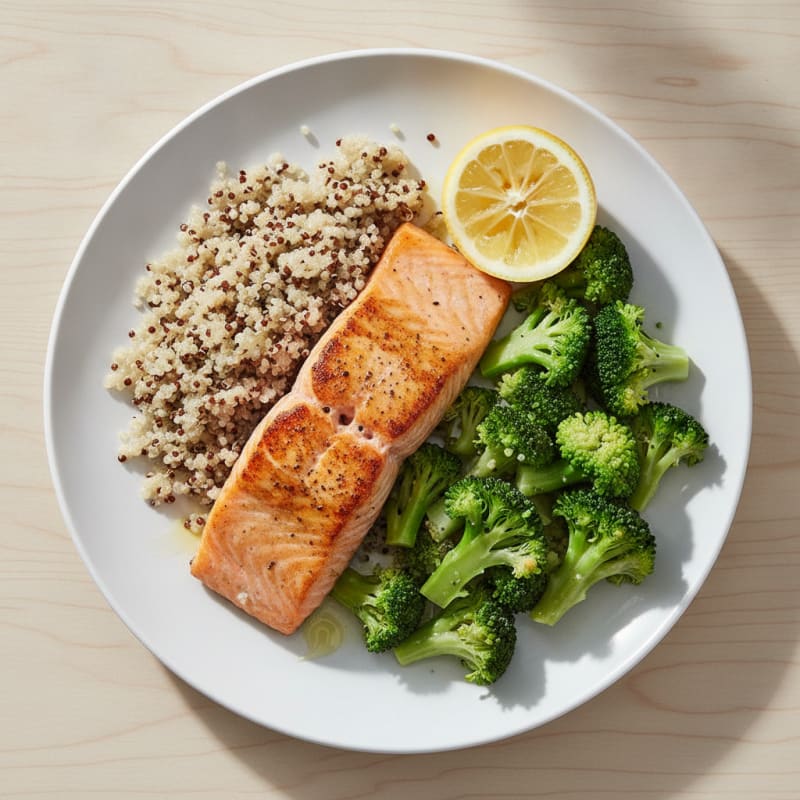 Seared Salmon Fillet with Steamed Broccoli and Quinoa