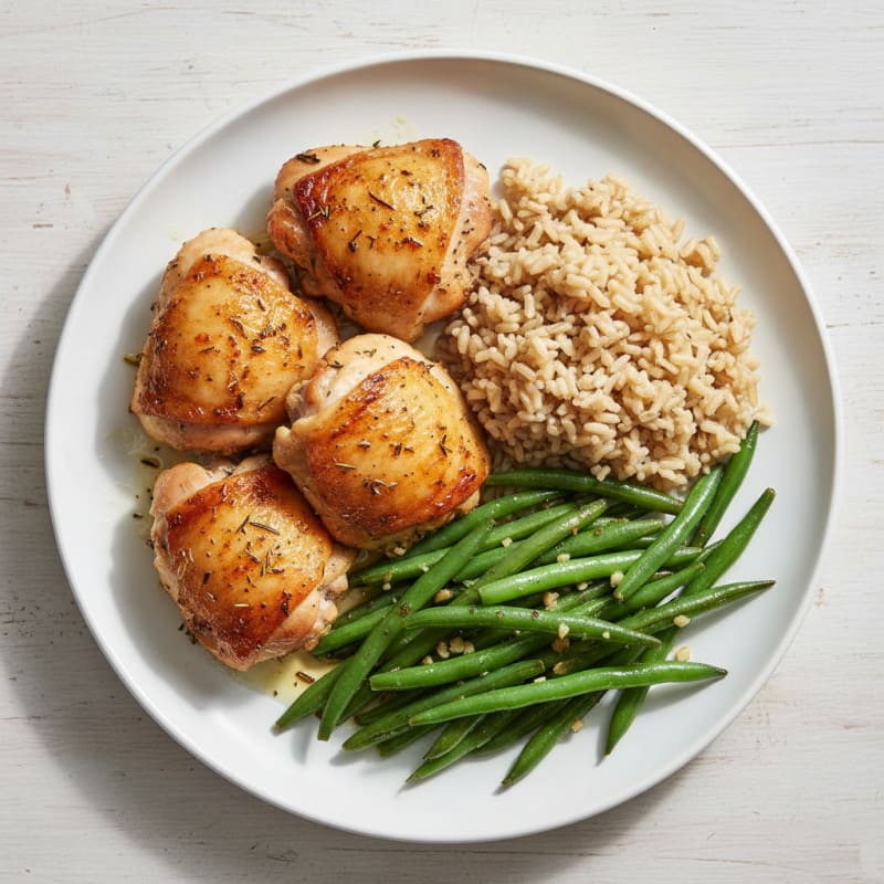 Oven-Baked Chicken Thighs with Garlic Green Beans and Brown Rice