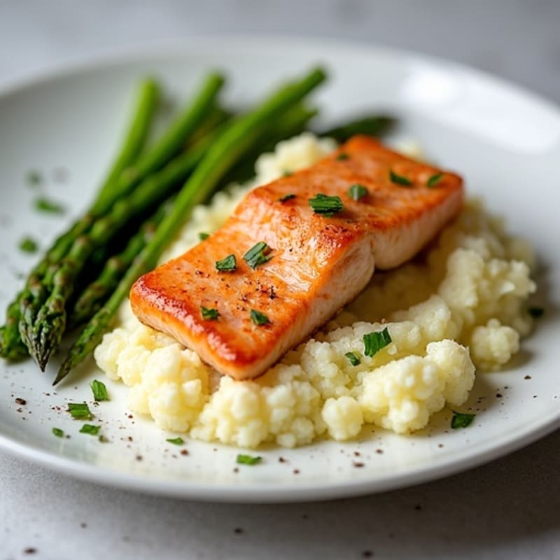 Seared Salmon with Steamed Asparagus and Garlic Cauliflower Mash