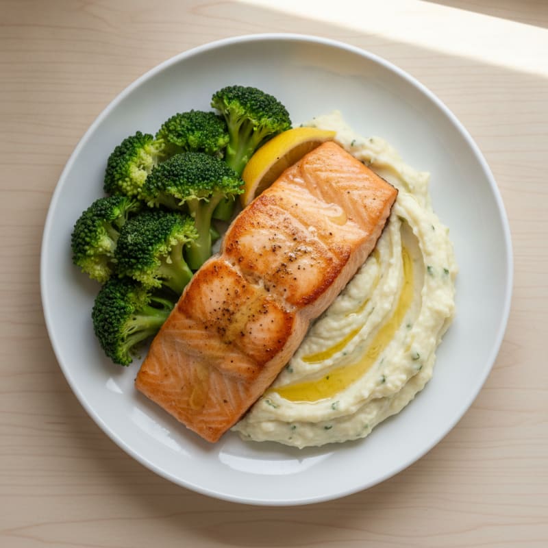 Seared Salmon with Steamed Broccoli and Garlic Mashed Cauliflower