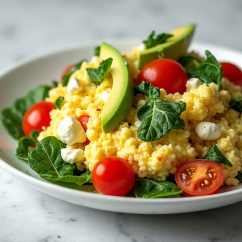 Cottage Cheese Egg White Scramble with Spinach and Cherry Tomatoes
