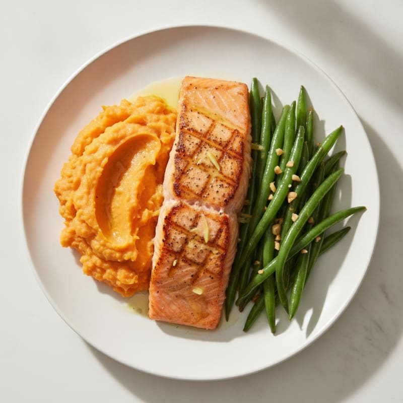 Seared Salmon Fillet with Garlic Green Beans and Mashed Sweet Potatoes