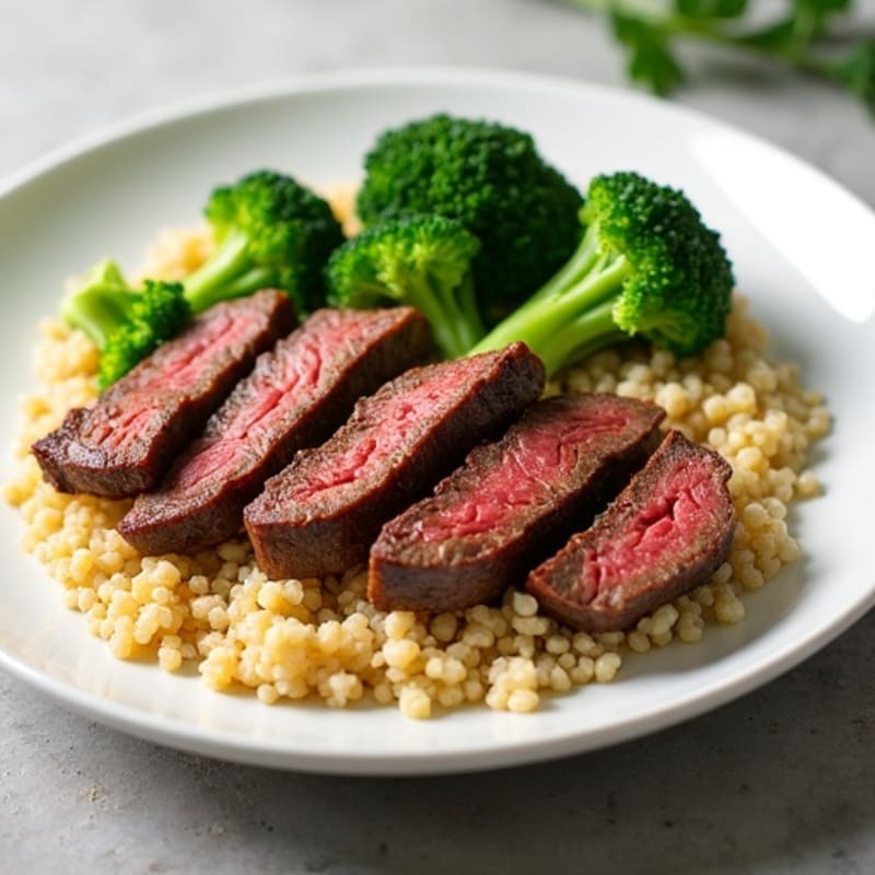 Seared Lean Beef Strips with Steamed Broccoli and Quinoa