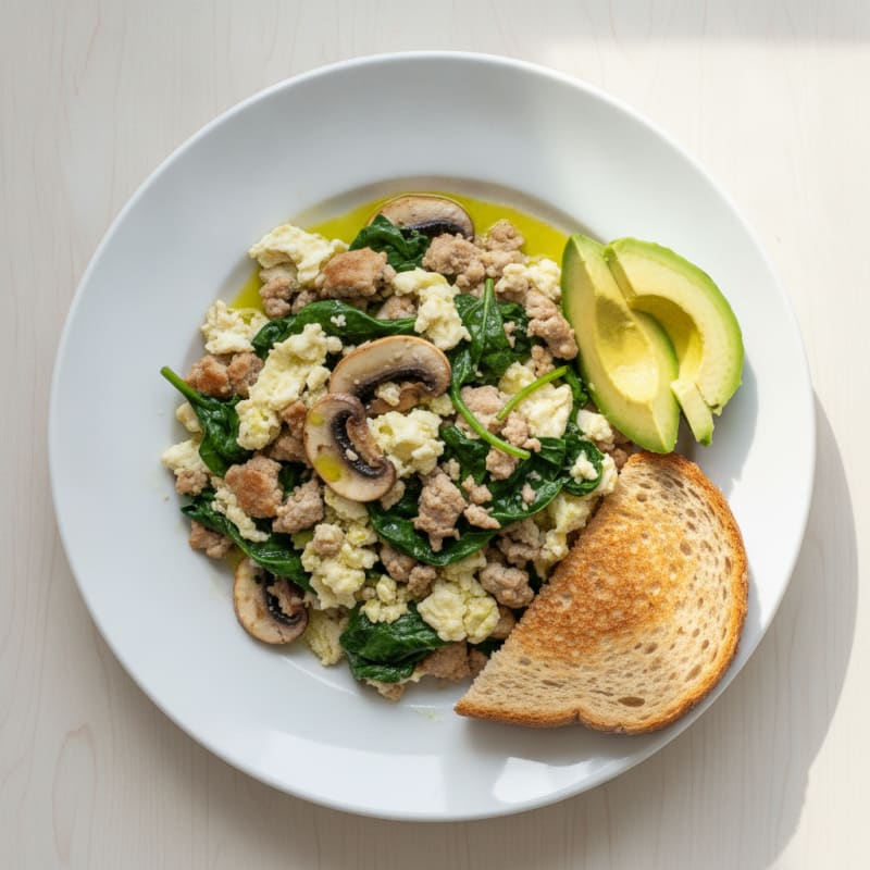 Egg White and Turkey Spinach Scramble with Sautéed Mushrooms