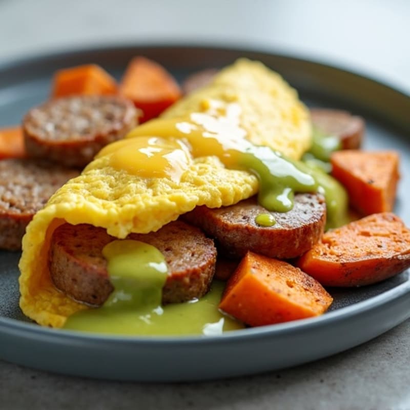 Egg White Omelette with Turkey Sausage and Roasted Sweet Potatoes