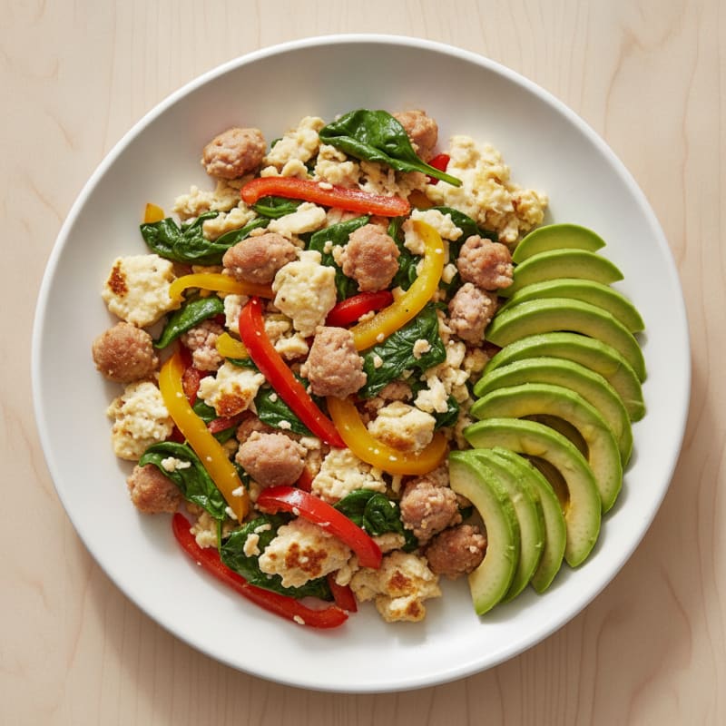 Egg White and Turkey Sausage Scramble with Spinach and Bell Peppers