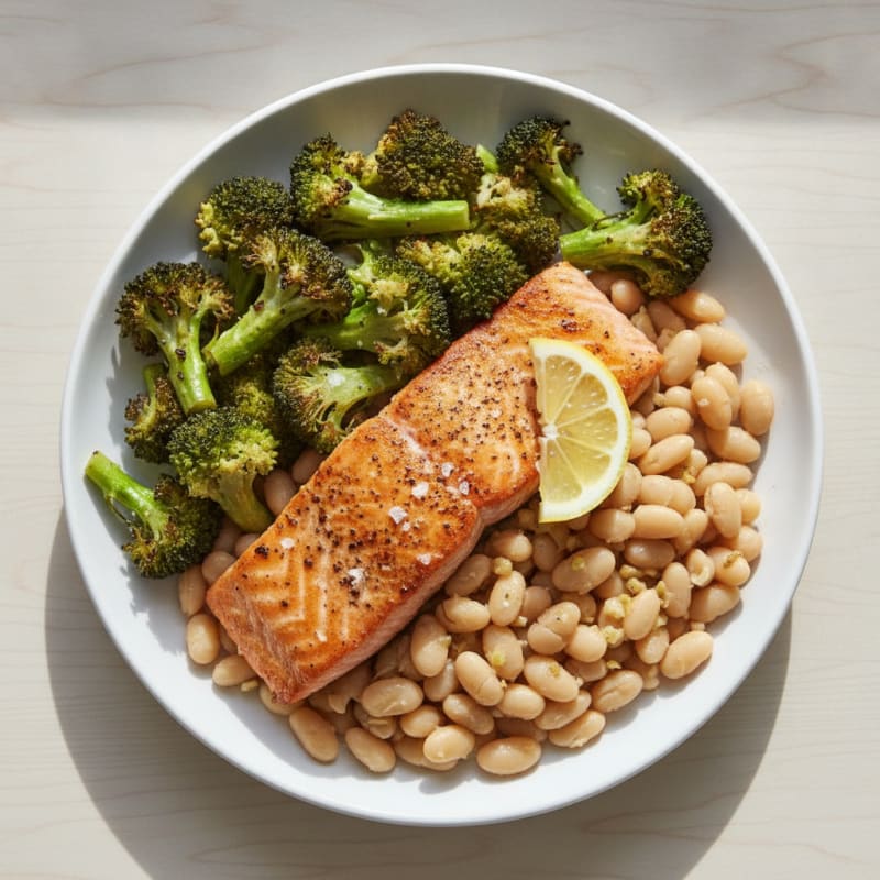 Seared Salmon with Roasted Broccoli and White Beans