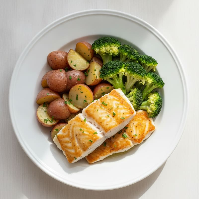 Pan-Seared Whitefish with Herb Potatoes and Steamed Broccoli
