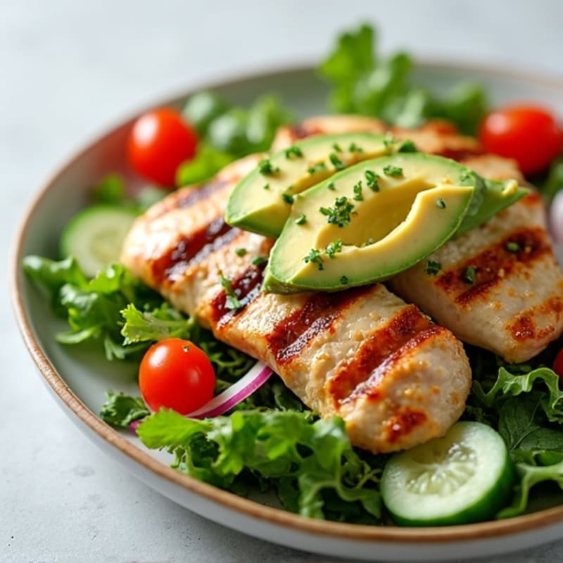 Grilled Chicken Salad with Fresh Greens and Creamy Avocado Dressing