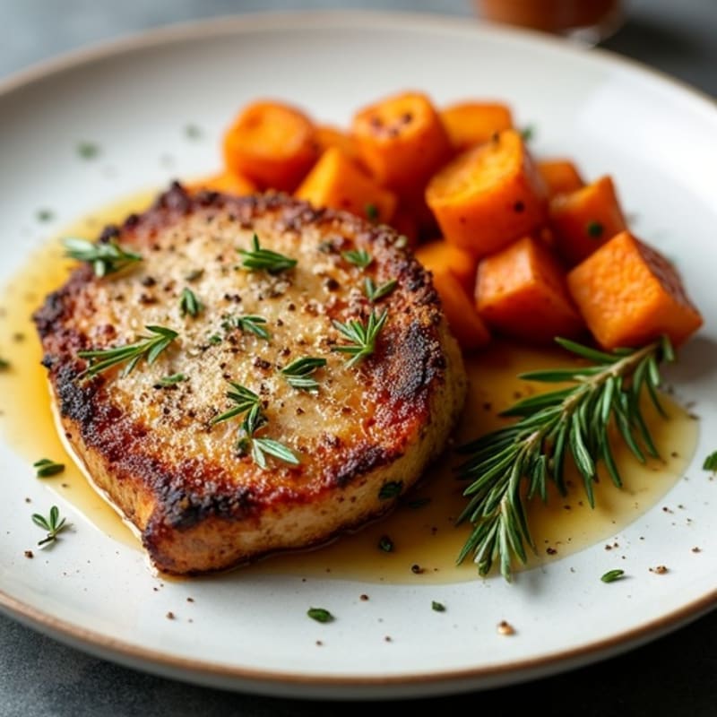 Herb-Crusted Pork Chop with Maple-Roasted Sweet Potato