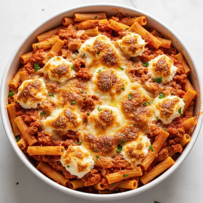 Creamy Baked Ziti with Golden Cheese Topping