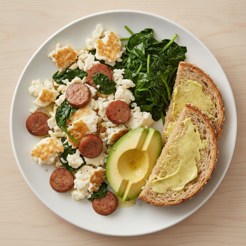 Egg White Scramble with Turkey Sausage and Sautéed Spinach