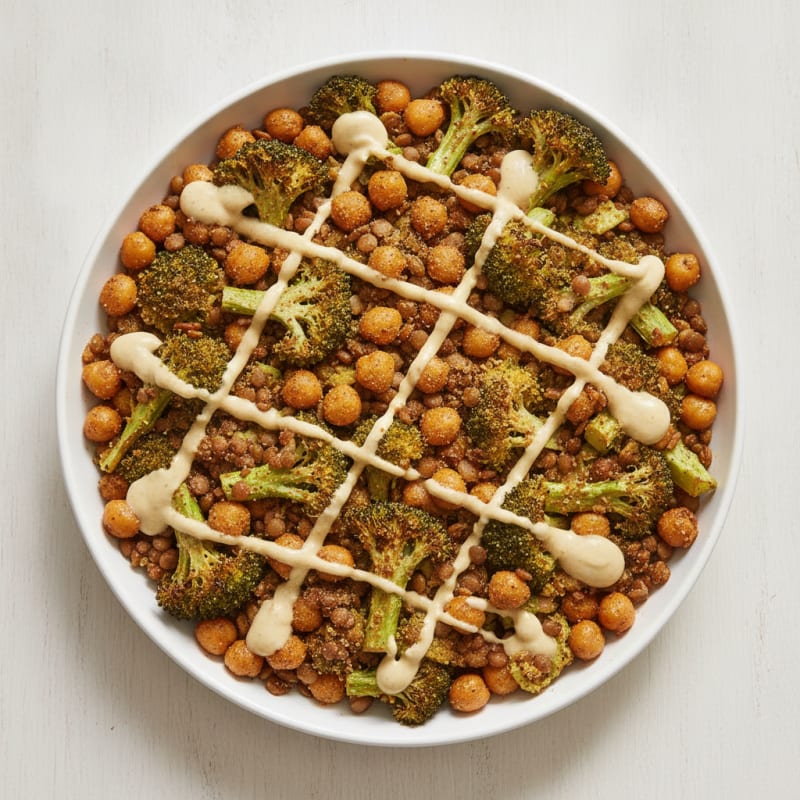 Lentil and Chickpea Sheet Pan Bake with Roasted Broccoli and Tahini Drizzle