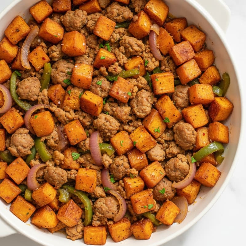 Roasted Sweet Potato and Sausage Skillet