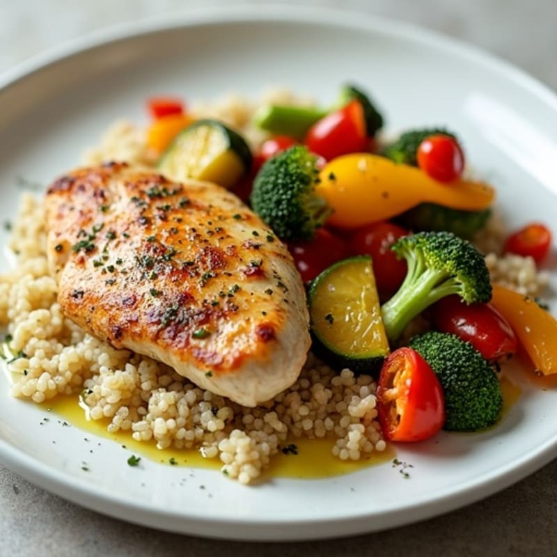 Herb-Roasted Chicken with Crispy Roasted Vegetables and Fluffy Quinoa