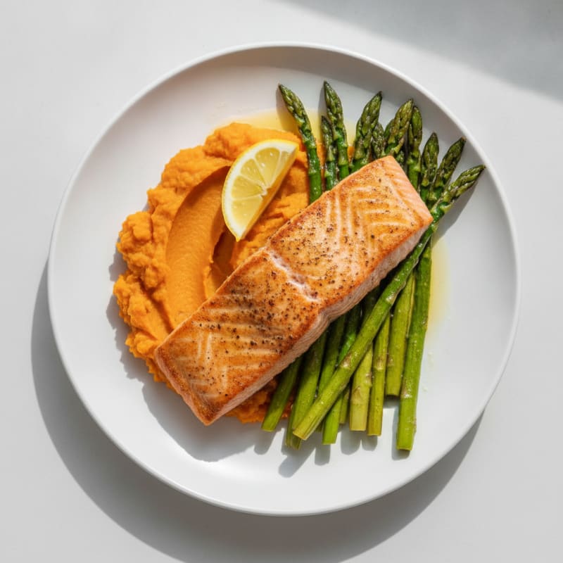Seared Salmon with Roasted Asparagus and Sweet Potato Mash