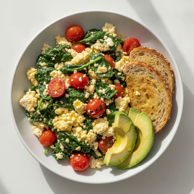 Cottage Cheese Scramble with Spinach and Cherry Tomatoes