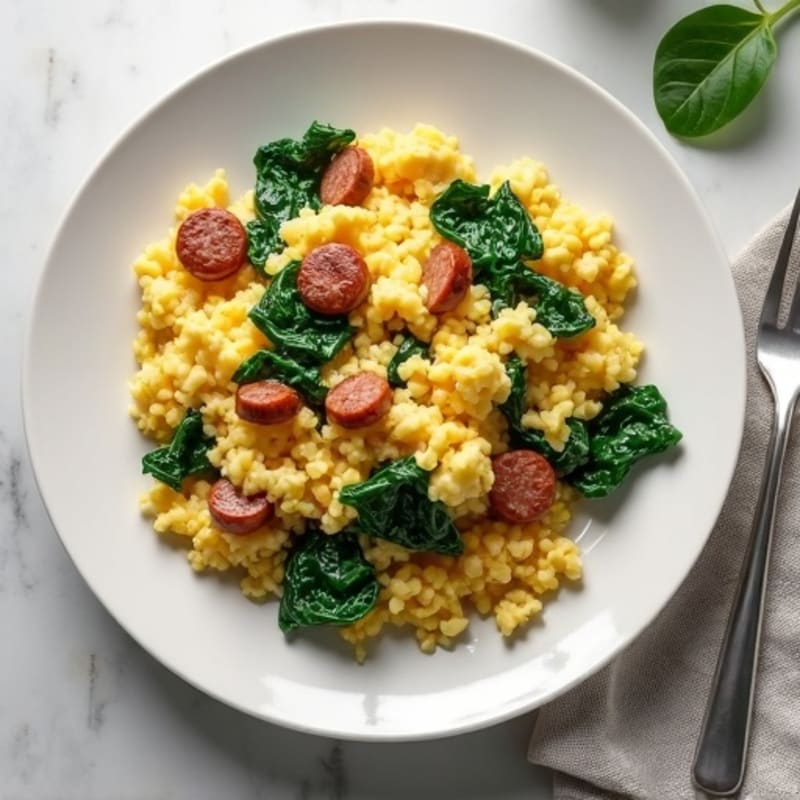 Egg White Scramble with Turkey Sausage and Sautéed Spinach