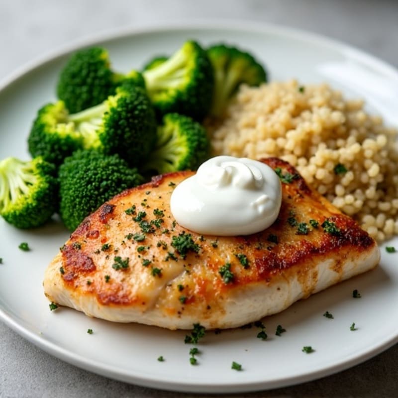 Herb-Seared Chicken Breast with Steamed Broccoli and Quinoa