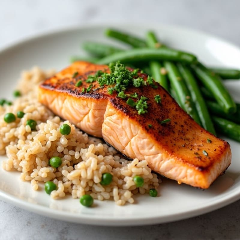 Seared Salmon Fillet with Garlic Green Beans and Brown Rice