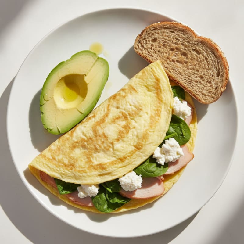 Egg White Spinach Omelette with Cottage Cheese and Sliced Turkey