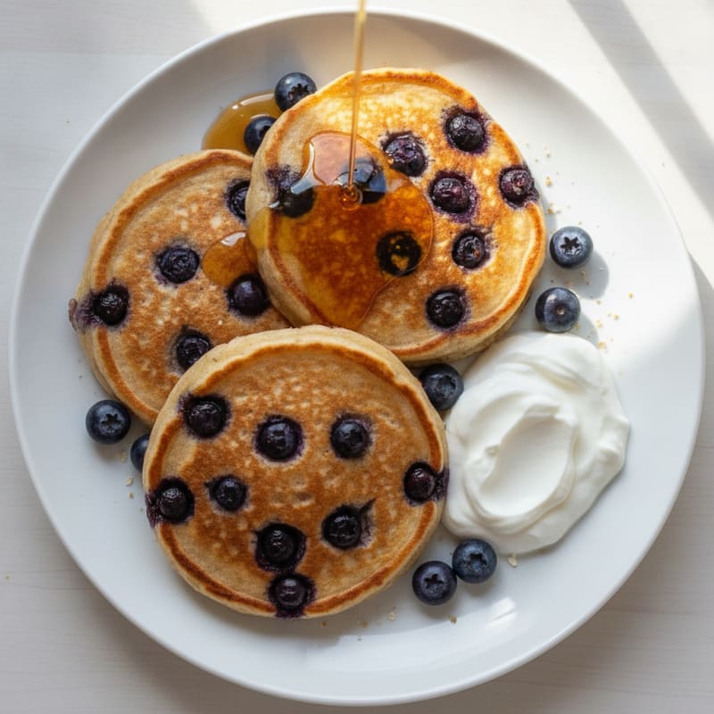 Blueberry Ricotta Pancakes with Maple Syrup