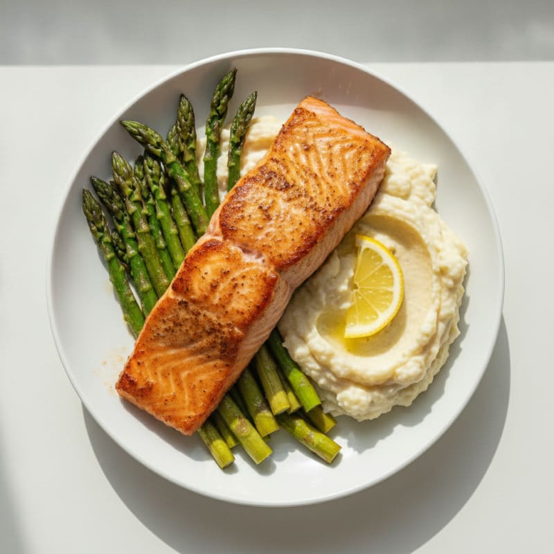 Seared Salmon with Roasted Asparagus and Cauliflower Mash