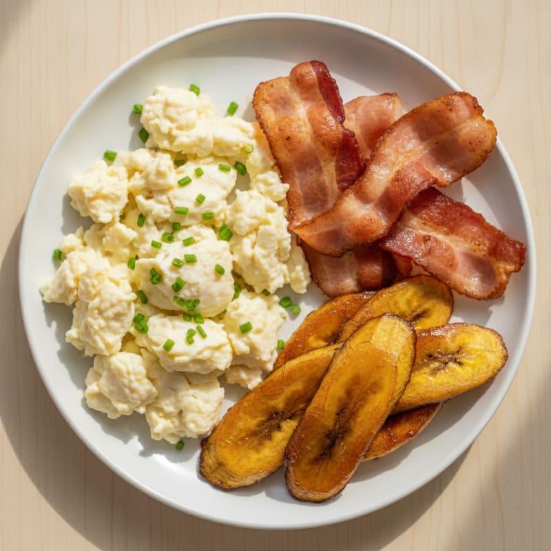 Scrambled Eggs with Crispy Bacon and Sautéed Plantain