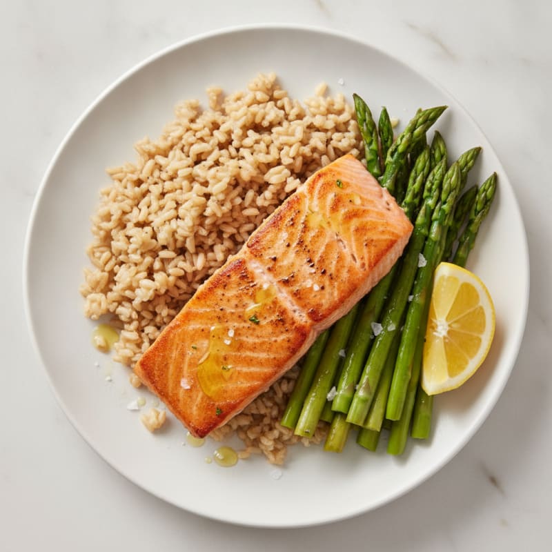 Seared Salmon with Steamed Asparagus and Brown Rice