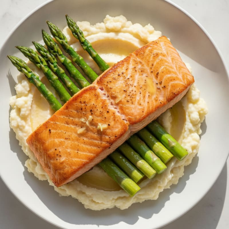 Seared Salmon with Steamed Asparagus and Cauliflower Mash