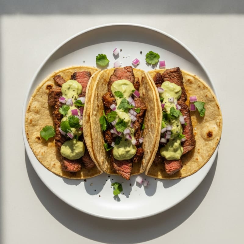 Carne Asada Tacos with Avocado Crema
