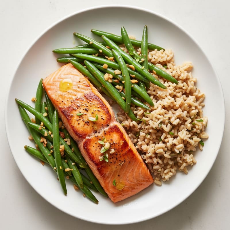 Seared Salmon Fillet with Garlic Green Beans and Brown Rice