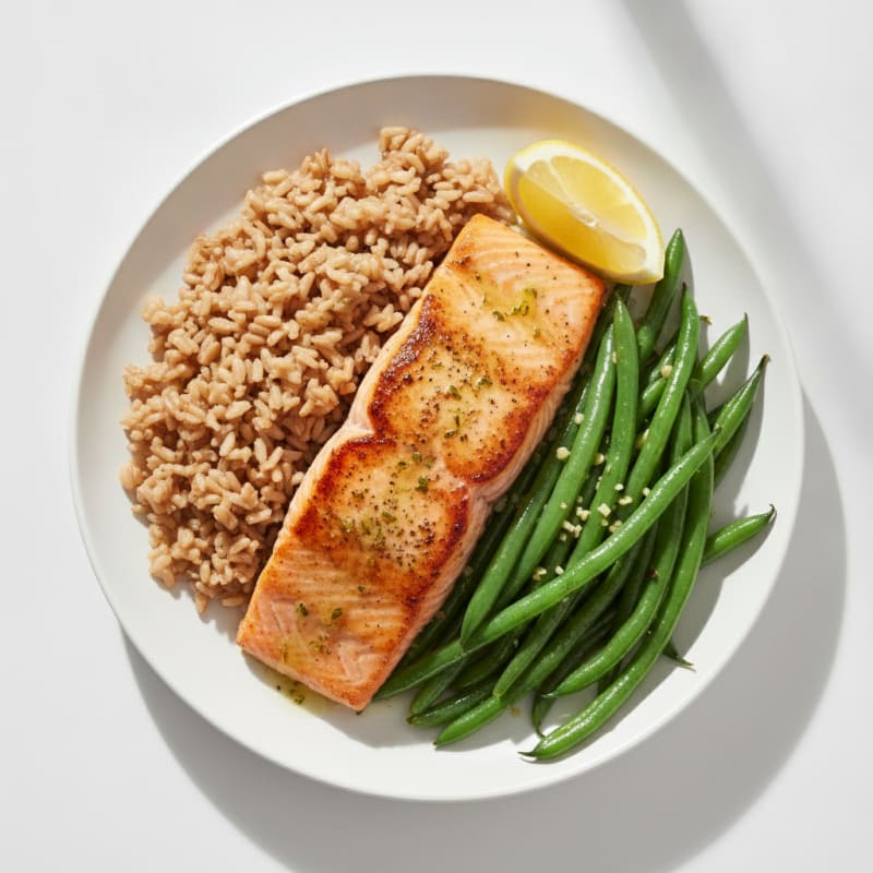 Seared Salmon with Garlic Green Beans and Brown Rice