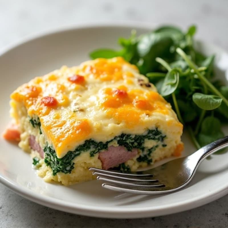 Lean Ham and Creamy Swiss Egg Bake with Sautéed Spinach