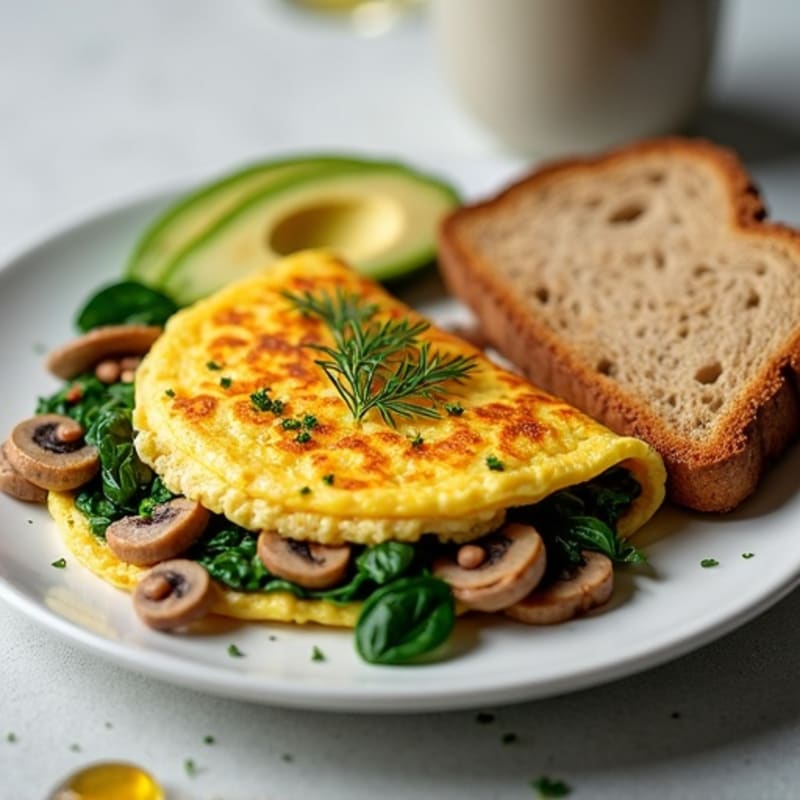 Egg White Spinach Omelet with Turkey Sausage and Sautéed Mushrooms