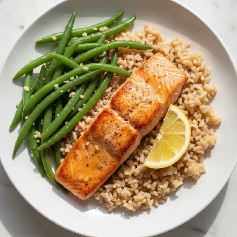 Seared Salmon with Garlic Green Beans and Brown Rice