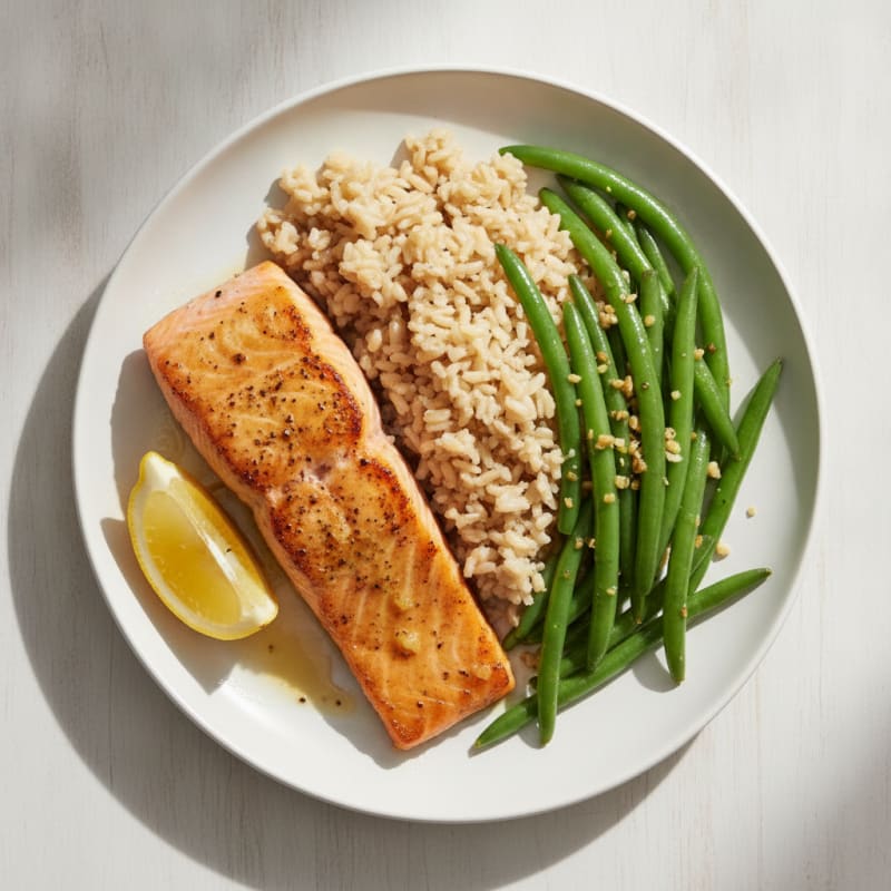 Seared Salmon with Garlic Green Beans and Brown Rice