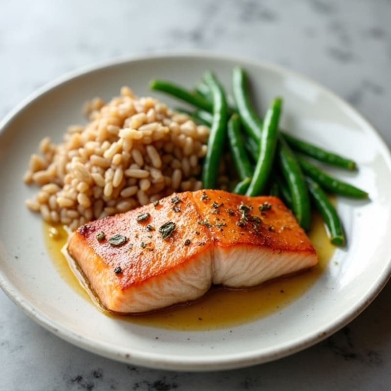 Seared Salmon with Garlic Green Beans and Brown Rice