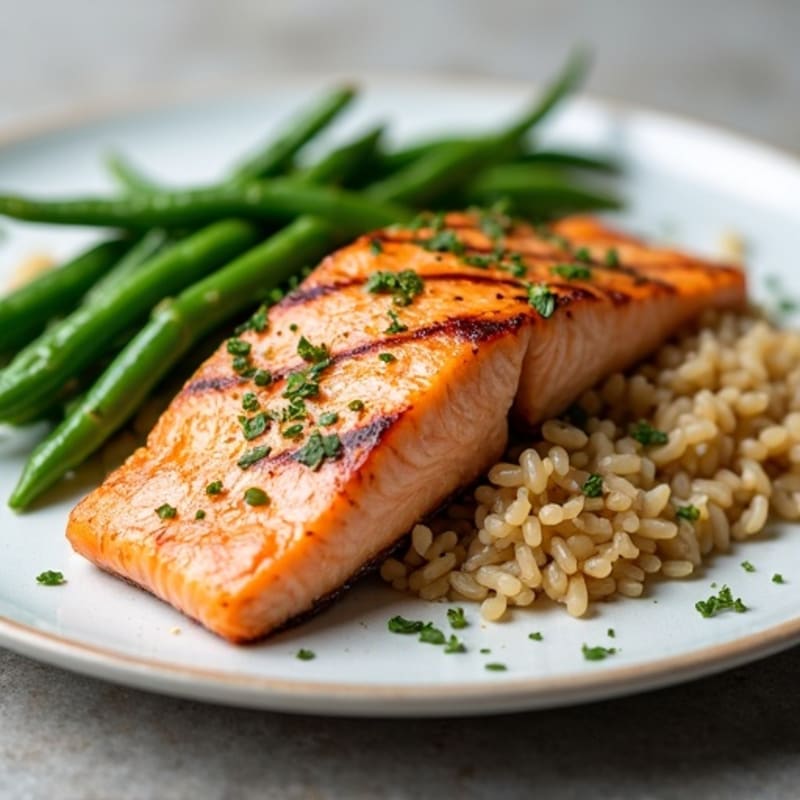 Grilled Salmon with Garlic Green Beans and Brown Rice