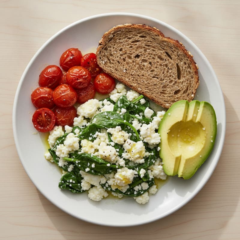 Egg White and Spinach Scramble with Cottage Cheese and Cherry Tomatoes