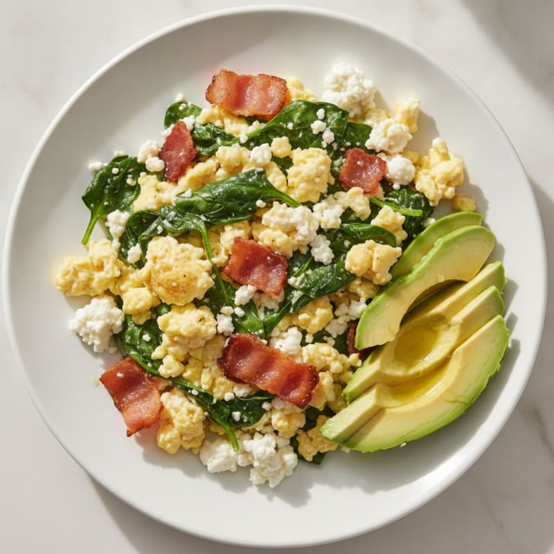 Cottage Cheese Egg Scramble with Spinach and Turkey Bacon